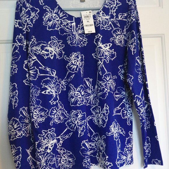 Women's Size PL Royal Blue/White Long Sleeve Cotton Top Scoop Neck NEW - Picture 1 of 8